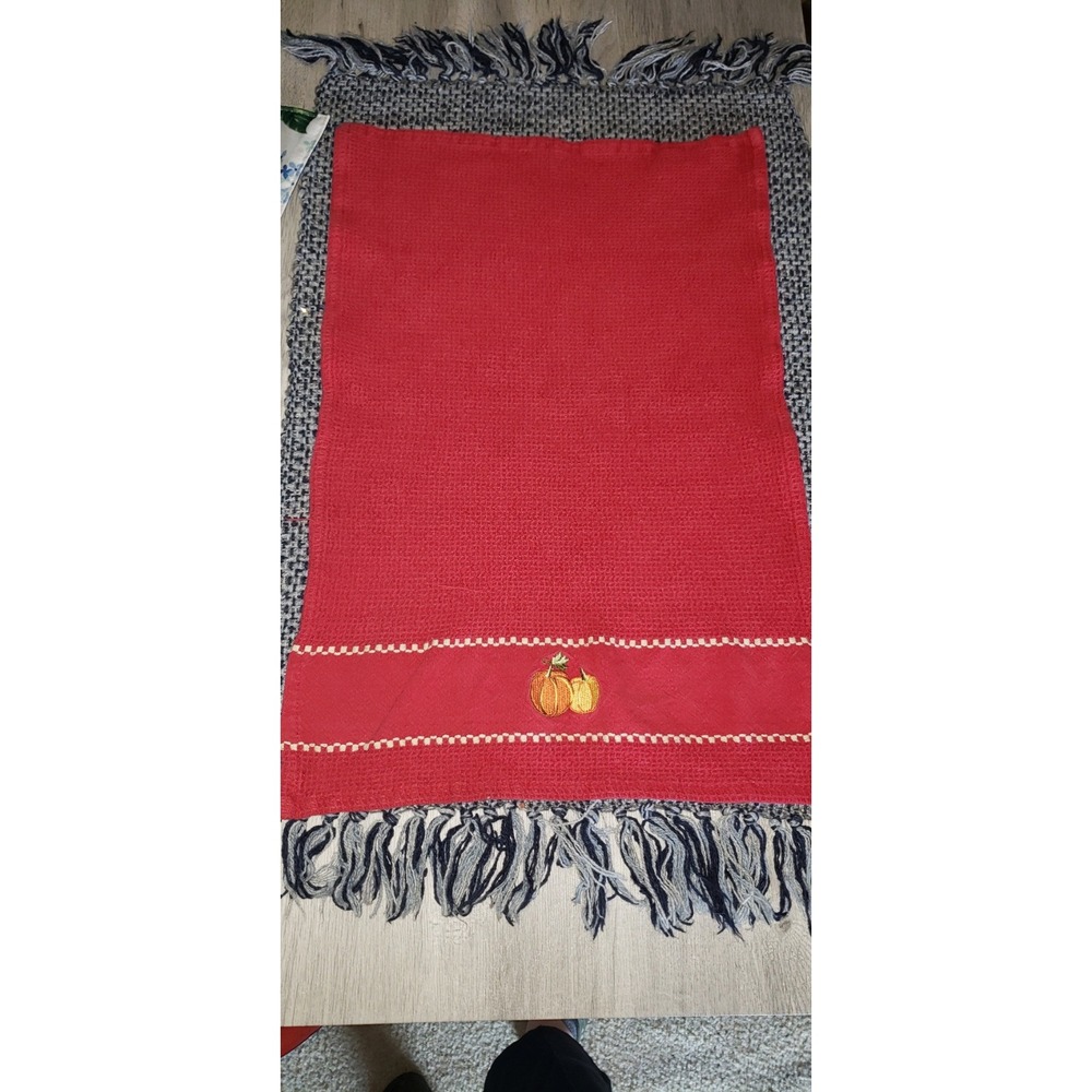 DII For The Home Red Waffle Weave Cotton Kitchen Towel Embroidered Pumpkins Fall